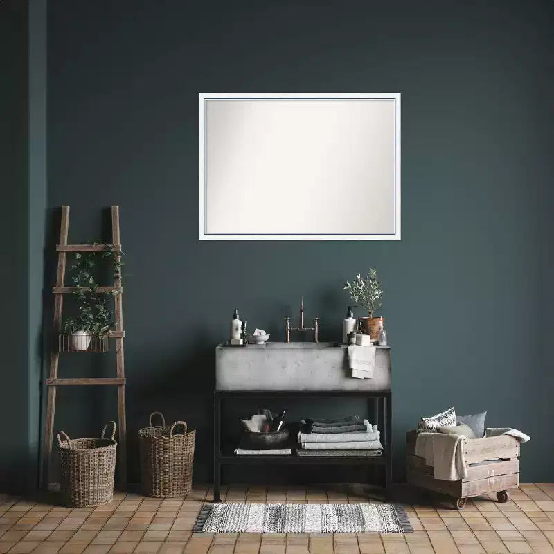 Miroir mural de salle de bain Morgan en bois, 40"x29", sans biseau, blanc/bleu, quincaillerie de montage incluse, cadre en bois