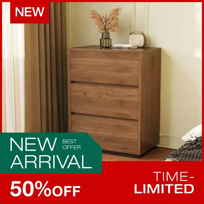 Commode de chambre à 3 tiroirs de style campagnard, armoire de rangement en bois avec grand espace, meuble de chambre minimaliste couleur noyer