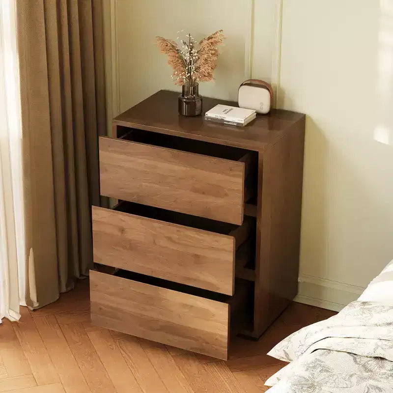 Commode de chambre à 3 tiroirs de style campagnard, armoire de rangement en bois avec grand espace, meuble de chambre minimaliste couleur noyer