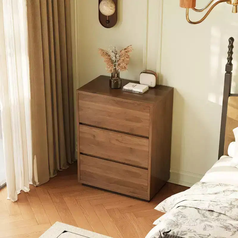 Commode de chambre à 3 tiroirs de style campagnard, armoire de rangement en bois avec grand espace, meuble de chambre minimaliste couleur noyer