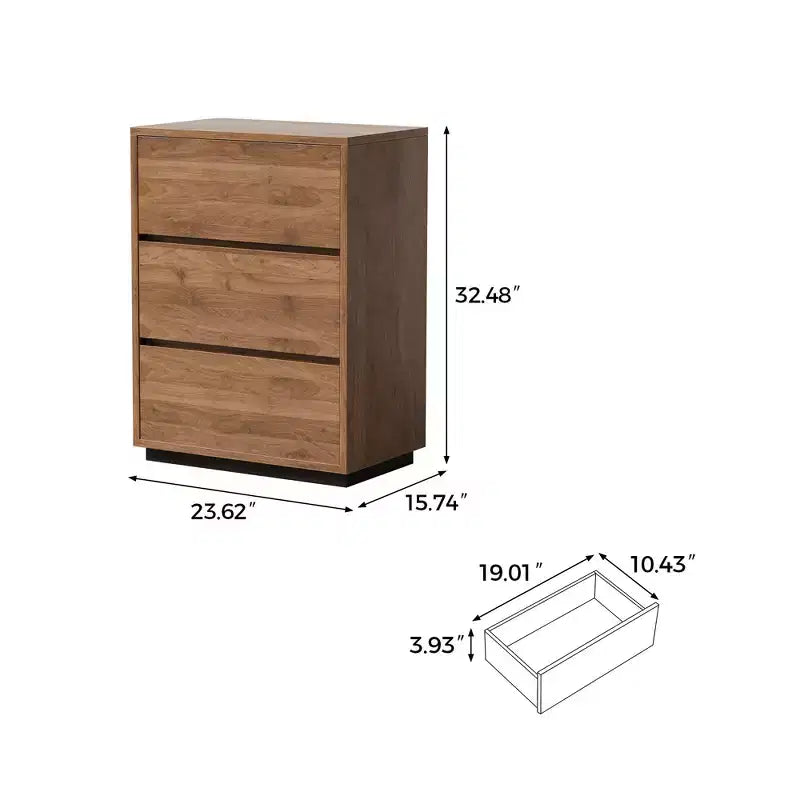 Commode de chambre à 3 tiroirs de style campagnard, armoire de rangement en bois avec grand espace, meuble de chambre minimaliste couleur noyer