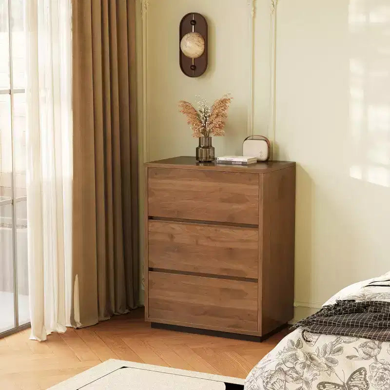 Commode de chambre à 3 tiroirs de style campagnard, armoire de rangement en bois avec grand espace, meuble de chambre minimaliste couleur noyer