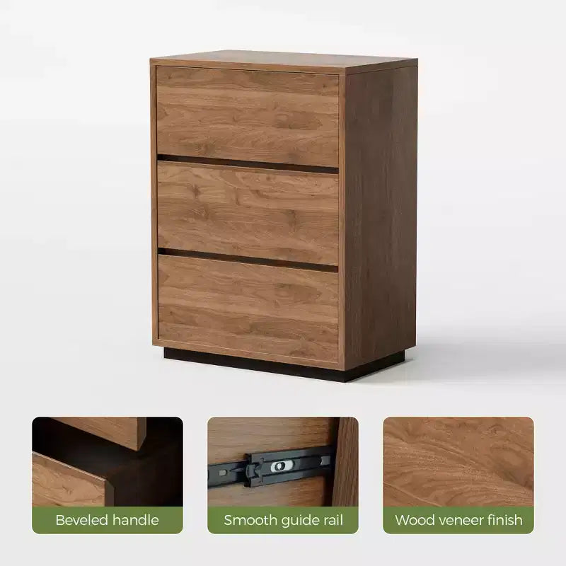 Commode de chambre à 3 tiroirs de style campagnard, armoire de rangement en bois avec grand espace, meuble de chambre minimaliste couleur noyer
