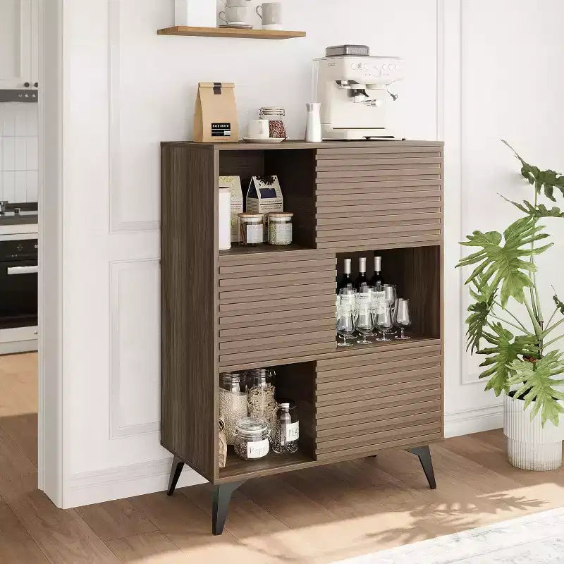 Bahut moderne avec portes et meuble de rangement à 3 niveaux, buffet d'exposition en bois avec pieds solides pour salon, salle à manger, cuisine