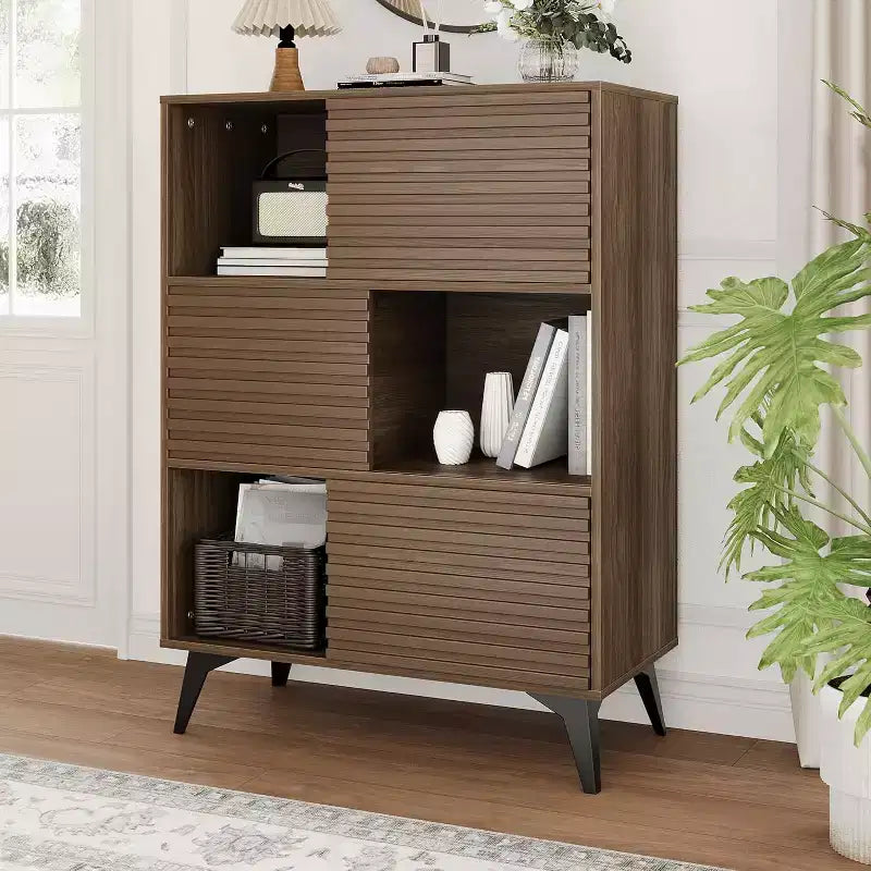 Bahut moderne avec portes et meuble de rangement à 3 niveaux, buffet d'exposition en bois avec pieds solides pour salon, salle à manger, cuisine