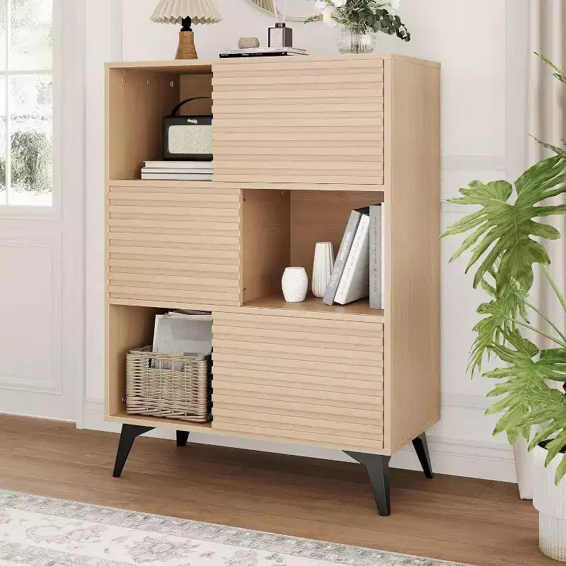 Bahut moderne avec portes et meuble de rangement à 3 niveaux, buffet d'exposition en bois avec pieds solides pour salon, salle à manger, cuisine