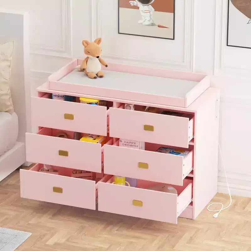 Commode à 6 tiroirs avec plateau à langer, commode large avec prises de courant, matelas à langer amovible, organisateur de rangement pour chambre de bébé, rose
