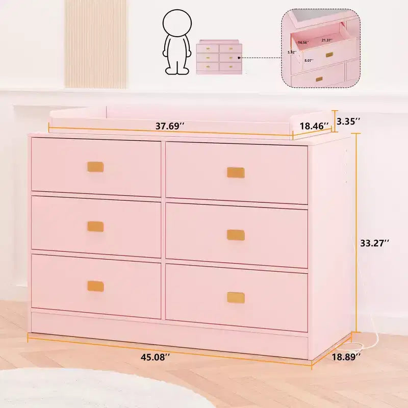 Commode à 6 tiroirs avec plateau à langer, commode large avec prises de courant, matelas à langer amovible, organisateur de rangement pour chambre de bébé, rose