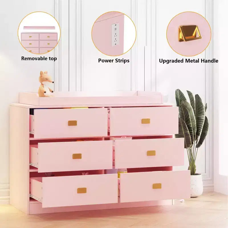 Commode à 6 tiroirs avec plateau à langer, commode large avec prises de courant, matelas à langer amovible, organisateur de rangement pour chambre de bébé, rose