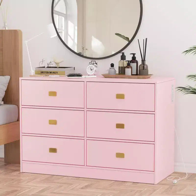 Commode à 6 tiroirs avec plateau à langer, commode large avec prises de courant, matelas à langer amovible, organisateur de rangement pour chambre de bébé, rose