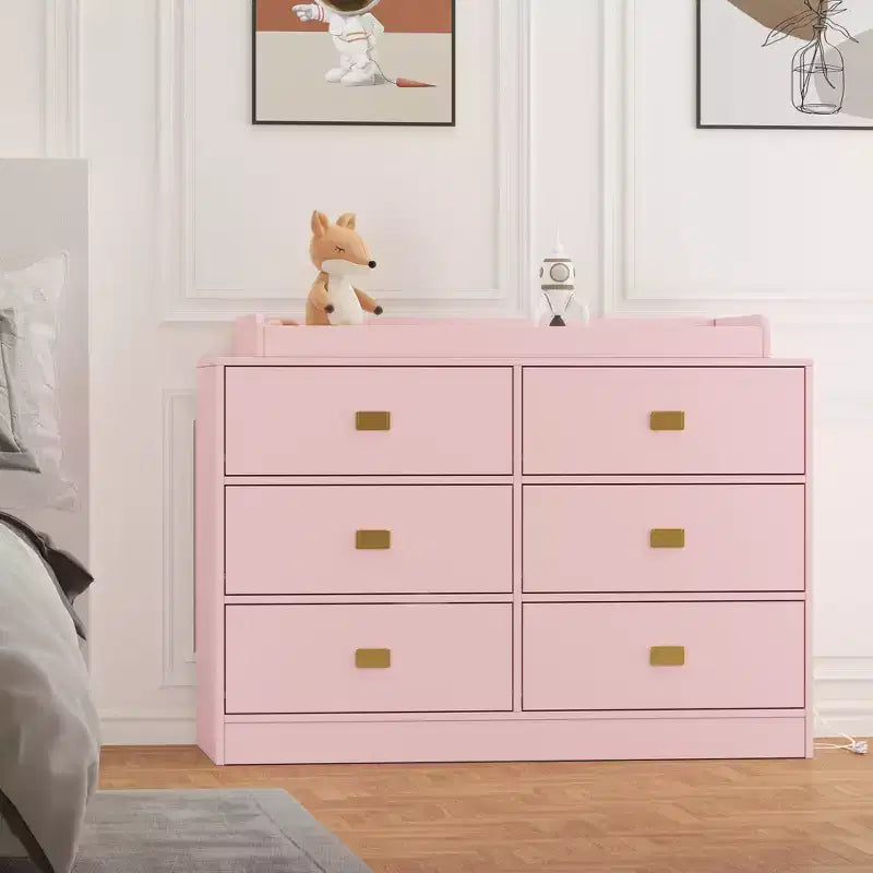 Commode à 6 tiroirs avec plateau à langer, commode large avec prises de courant, matelas à langer amovible, organisateur de rangement pour chambre de bébé, rose