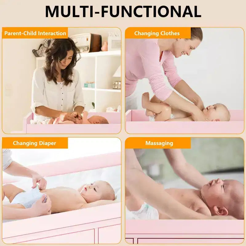 Commode à 6 tiroirs avec plateau à langer, commode large avec prises de courant, matelas à langer amovible, organisateur de rangement pour chambre de bébé, rose