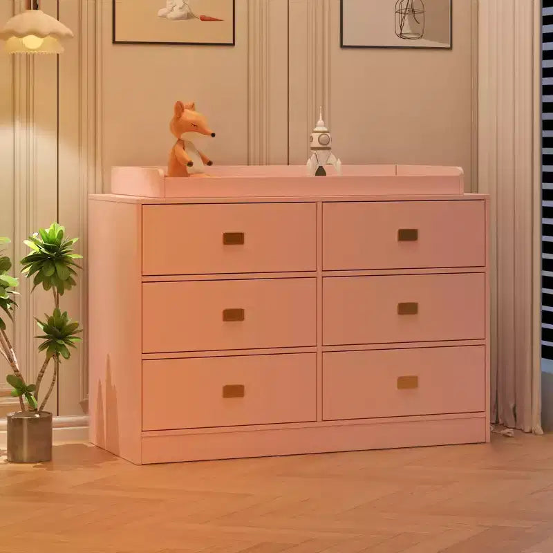Commode à 6 tiroirs avec plateau à langer, commode large avec prises de courant, matelas à langer amovible, organisateur de rangement pour chambre de bébé, rose
