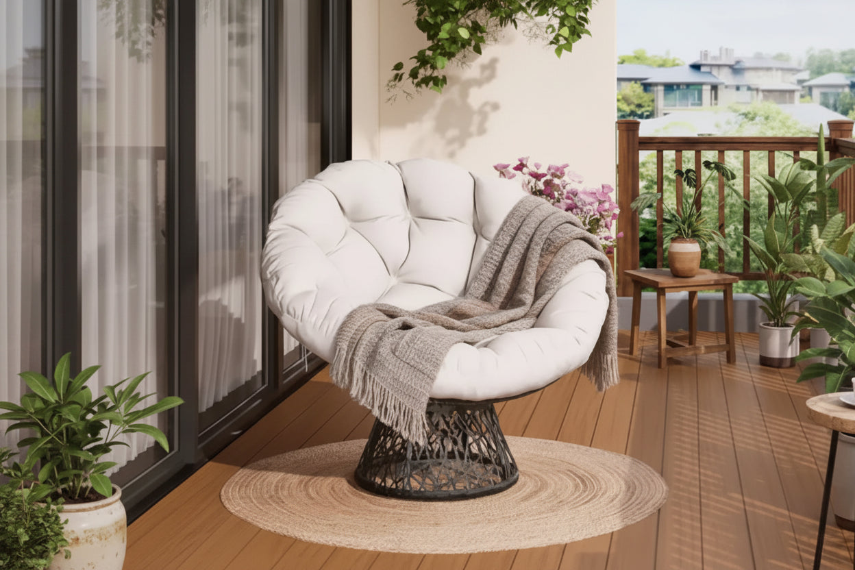 37-Inch Wicker Papasan Swivel Chair with Thick Cushion Round Outdoor Indoor Lounging Patio Seating Steel Frame