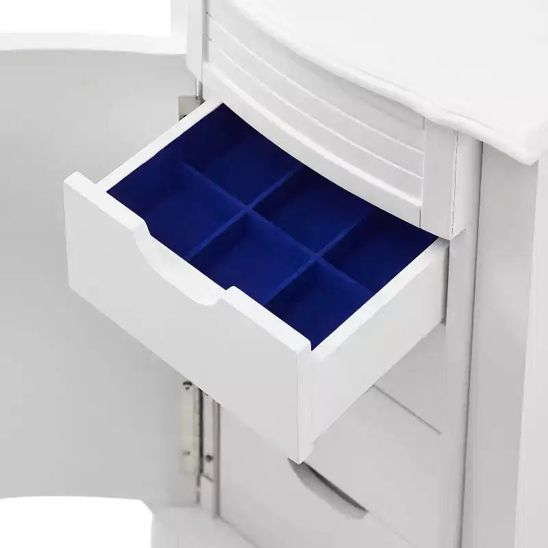 Coiffeuse à bijoux moderne en bois massif avec 4 tiroirs doublés, 3 compartiments et plateau relevable, finition blanche