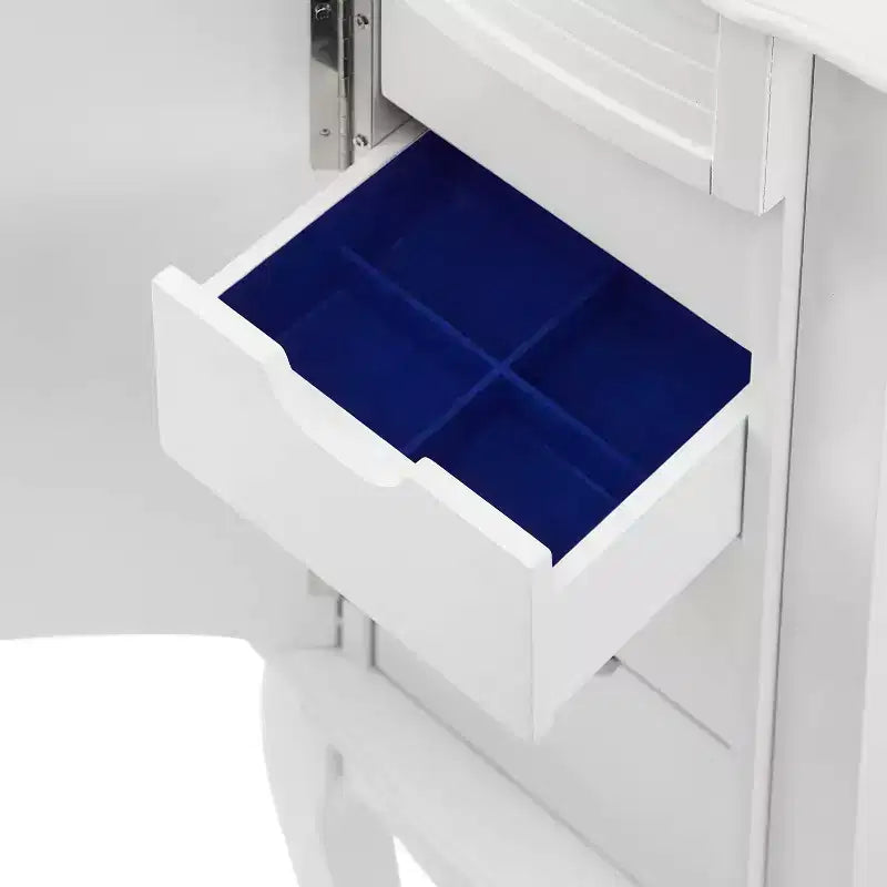 Coiffeuse à bijoux moderne en bois massif avec 4 tiroirs doublés, 3 compartiments et plateau relevable, finition blanche