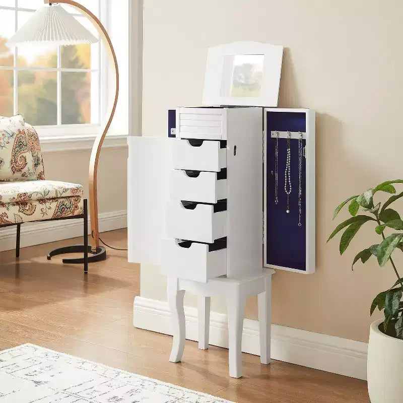 Coiffeuse à bijoux moderne en bois massif avec 4 tiroirs doublés, 3 compartiments et plateau relevable, finition blanche