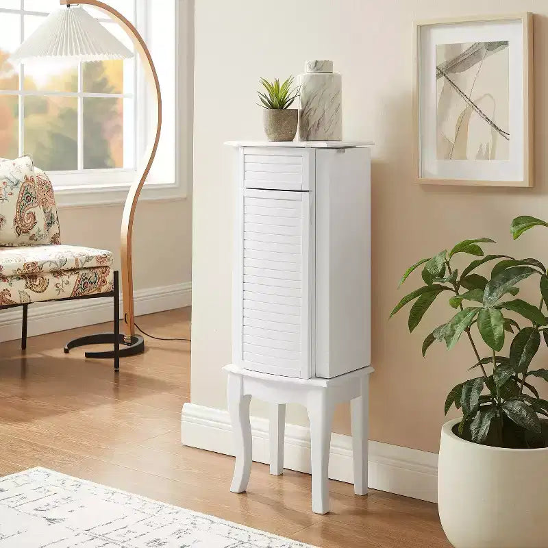 Coiffeuse à bijoux moderne en bois massif avec 4 tiroirs doublés, 3 compartiments et plateau relevable, finition blanche