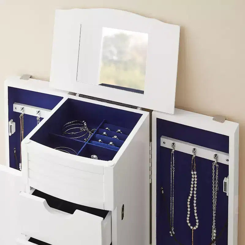 Coiffeuse à bijoux moderne en bois massif avec 4 tiroirs doublés, 3 compartiments et plateau relevable, finition blanche