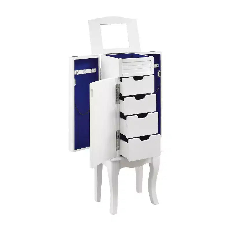 Coiffeuse à bijoux moderne en bois massif avec 4 tiroirs doublés, 3 compartiments et plateau relevable, finition blanche