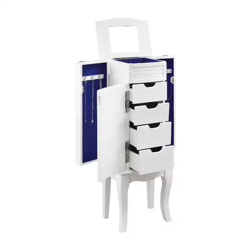 Coiffeuse à bijoux moderne en bois massif avec 4 tiroirs doublés, 3 compartiments et plateau relevable, finition blanche