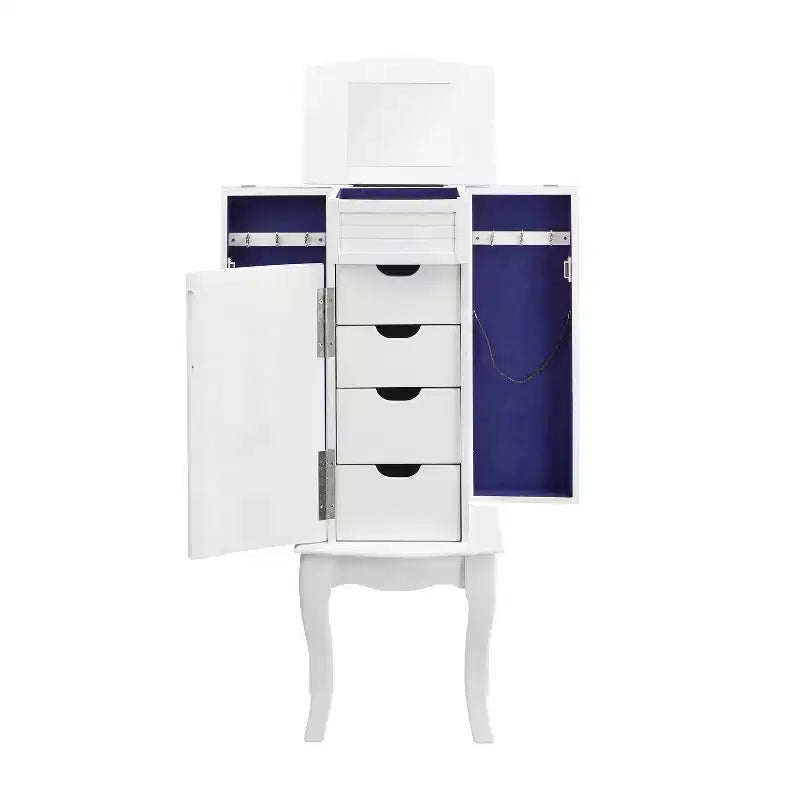 Coiffeuse à bijoux moderne en bois massif avec 4 tiroirs doublés, 3 compartiments et plateau relevable, finition blanche