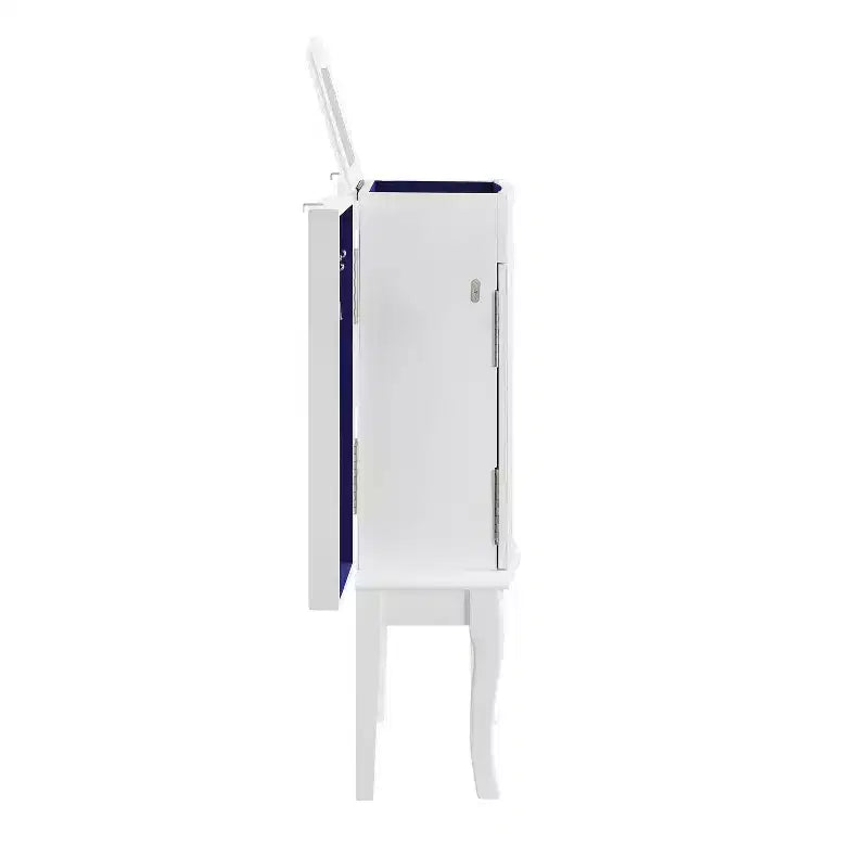 Coiffeuse à bijoux moderne en bois massif avec 4 tiroirs doublés, 3 compartiments et plateau relevable, finition blanche