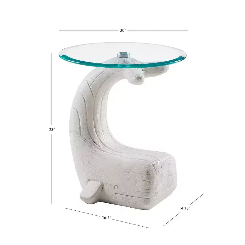 Table d'appoint en bois sculpté de baleine avec plateau en verre, bois flotté blanc côtier