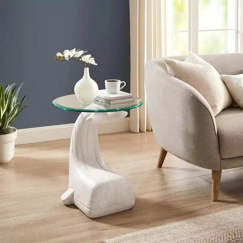 Table d'appoint en bois sculpté de baleine avec plateau en verre, bois flotté blanc côtier
