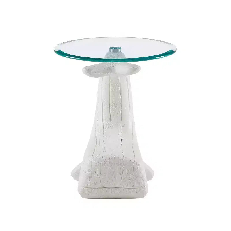 Table d'appoint en bois sculpté de baleine avec plateau en verre, bois flotté blanc côtier