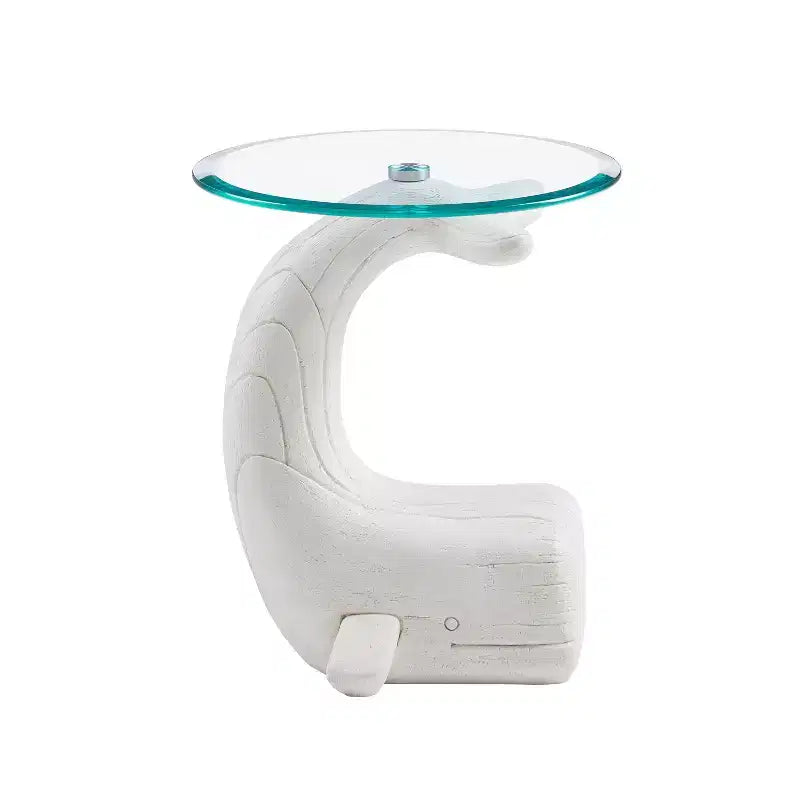 Table d'appoint en bois sculpté de baleine avec plateau en verre, bois flotté blanc côtier