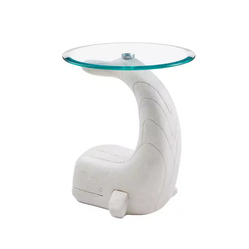 Table d'appoint en bois sculpté de baleine avec plateau en verre, bois flotté blanc côtier