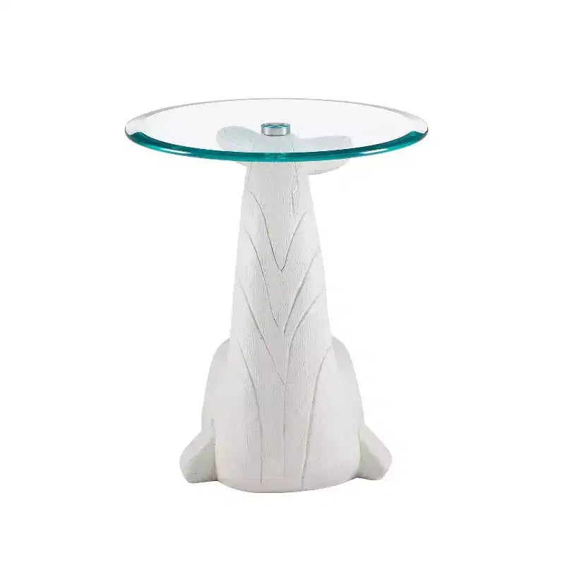 Table d'appoint en bois sculpté de baleine avec plateau en verre, bois flotté blanc côtier
