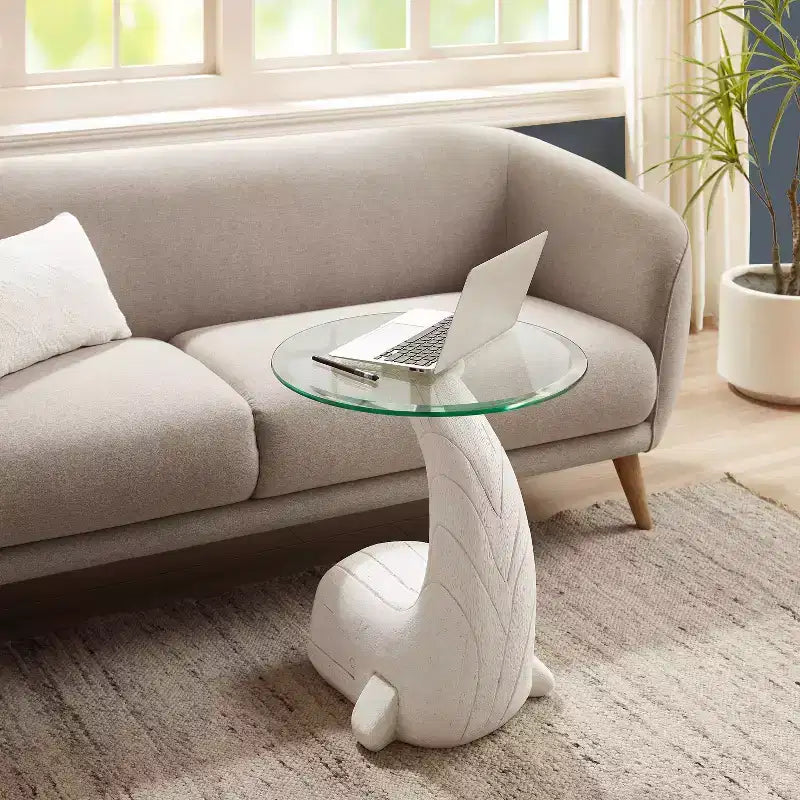 Table d'appoint en bois sculpté de baleine avec plateau en verre, bois flotté blanc côtier