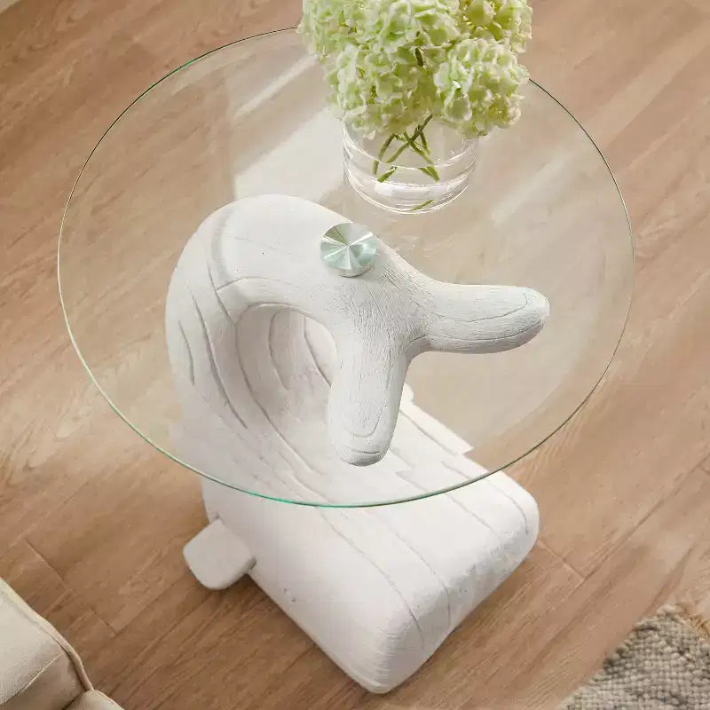 Table d'appoint en bois sculpté de baleine avec plateau en verre, bois flotté blanc côtier