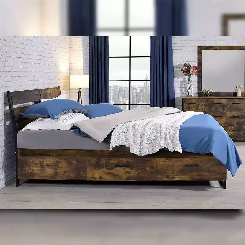 Lit King Size Juvanth Eastern Style en Chêne Rustique/Finition Noire