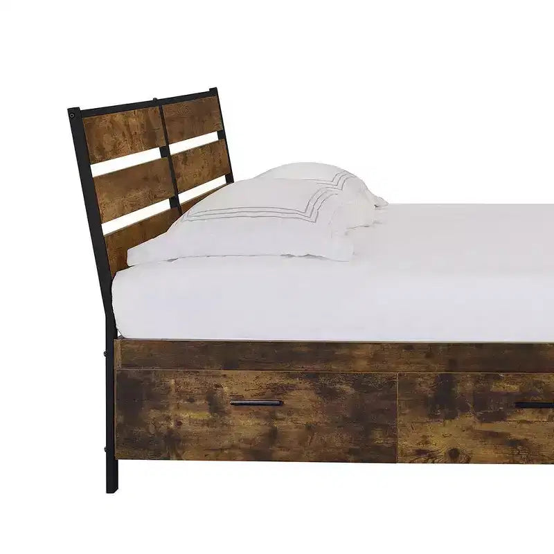 Lit King Size Juvanth Eastern Style en Chêne Rustique/Finition Noire