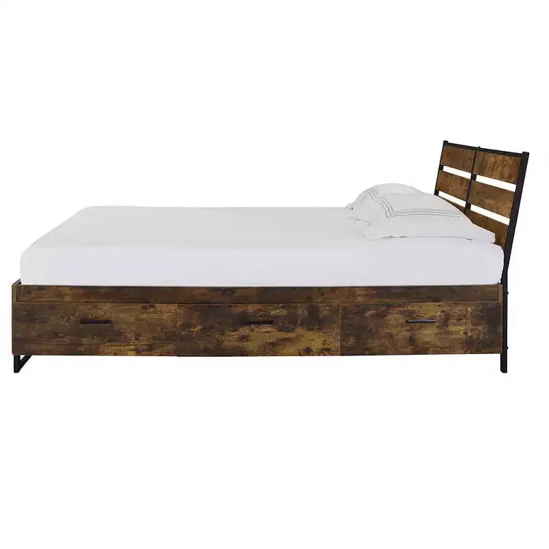 Lit King Size Juvanth Eastern Style en Chêne Rustique/Finition Noire