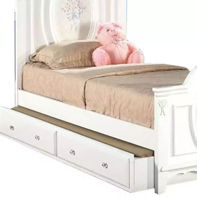 Lit double complet Flora 81 po, fini blanc, rembourré coton, rangement sous le lit, assemblage sans outils