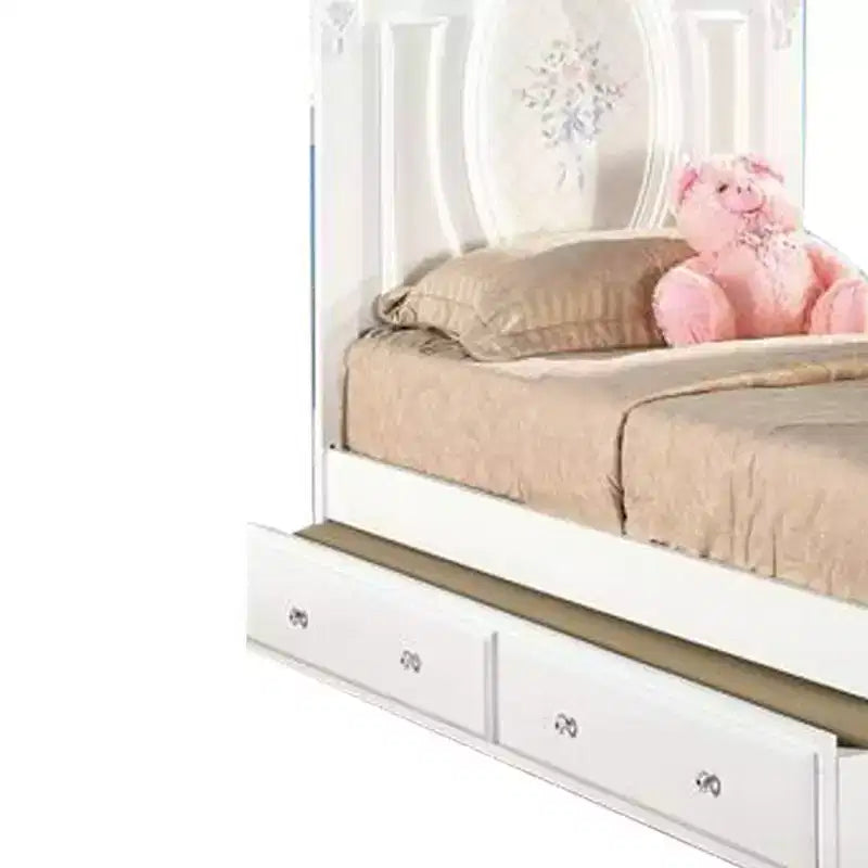 Lit double complet Flora 81 po, fini blanc, rembourré coton, rangement sous le lit, assemblage sans outils