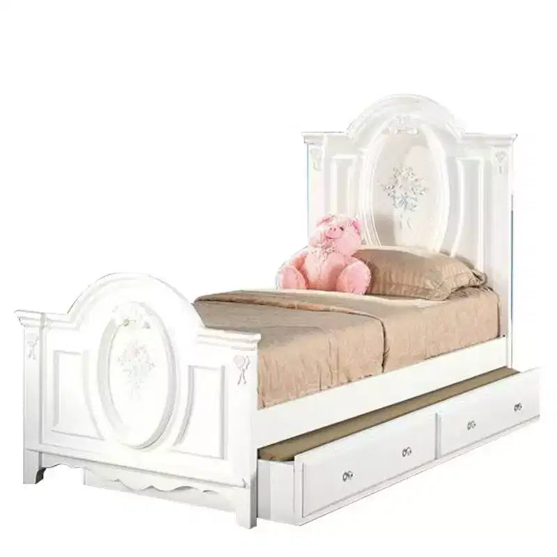 Lit double complet Flora 81 po, fini blanc, rembourré coton, rangement sous le lit, assemblage sans outils