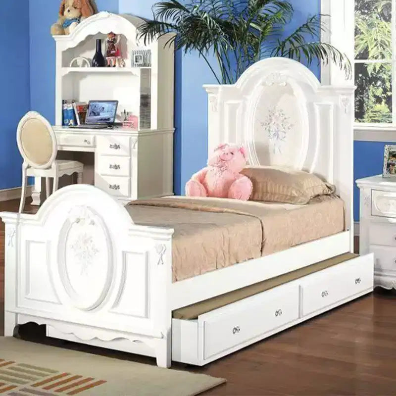 Lit double complet Flora 81 po, fini blanc, rembourré coton, rangement sous le lit, assemblage sans outils
