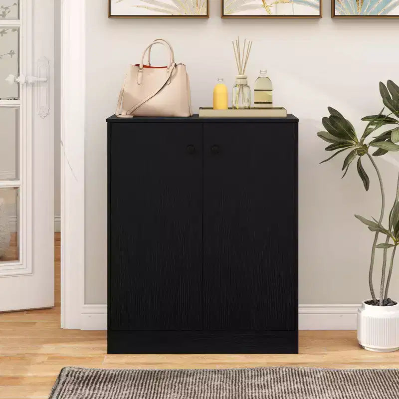 Meuble de rangement 2 portes, organisateur de rangement autoportant avec étagère à 3 niveaux, entrée, Noir/Brun