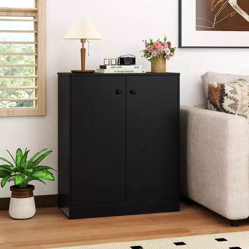 Meuble de rangement 2 portes, organisateur de rangement autoportant avec étagère à 3 niveaux, entrée, Noir/Brun