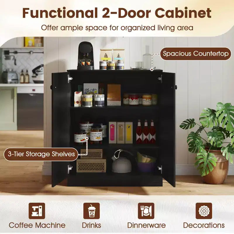 Meuble de rangement 2 portes, organisateur de rangement autoportant avec étagère à 3 niveaux, entrée, Noir/Brun