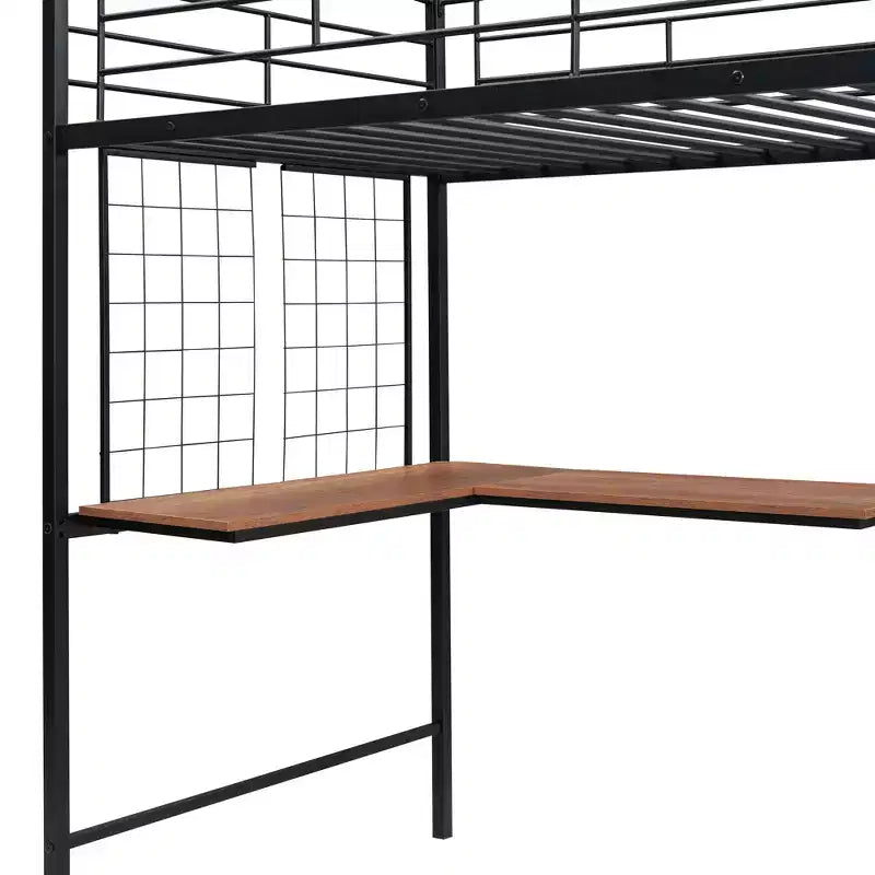 Lit mezzanine en métal de taille double avec bureau et grille métallique, lit élégant en métal avec échelle de rangement et armoire