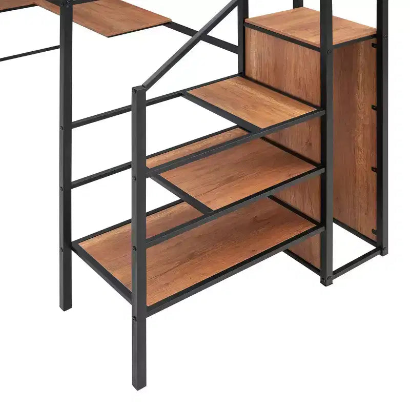 Lit mezzanine en métal de taille double avec bureau et grille métallique, lit élégant en métal avec échelle de rangement et armoire