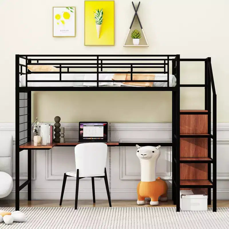 Lit mezzanine en métal de taille double avec bureau et grille métallique, lit élégant en métal avec échelle de rangement et armoire