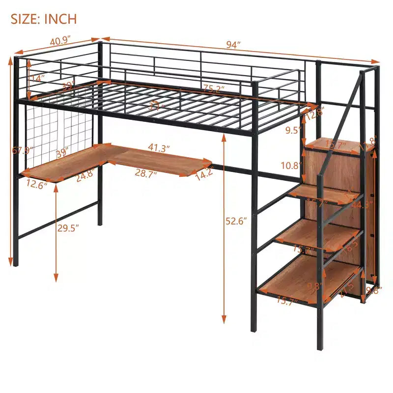 Lit mezzanine en métal de taille double avec bureau et grille métallique, lit élégant en métal avec échelle de rangement et armoire