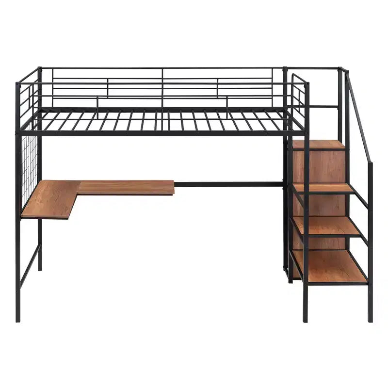 Lit mezzanine en métal de taille double avec bureau et grille métallique, lit élégant en métal avec échelle de rangement et armoire